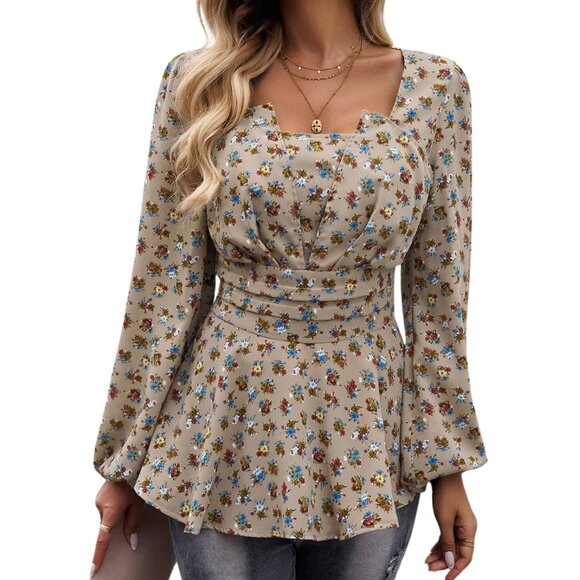 Khaki Square Neck Puff Sleeve Floral Peplum Top Size S M L XL Flower Bouquets - Picture 3 of 5